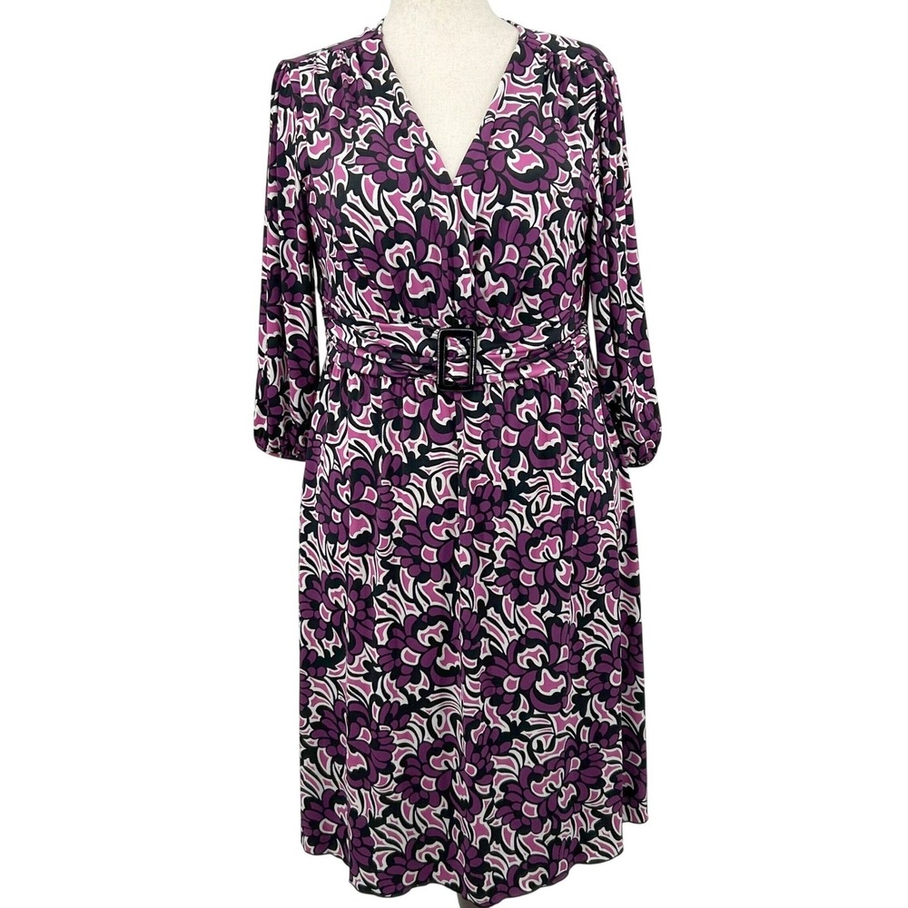 Style & Co Womens Faux Wrap Dress XL Purple Floral Buckle Retro Mod Aesthetic